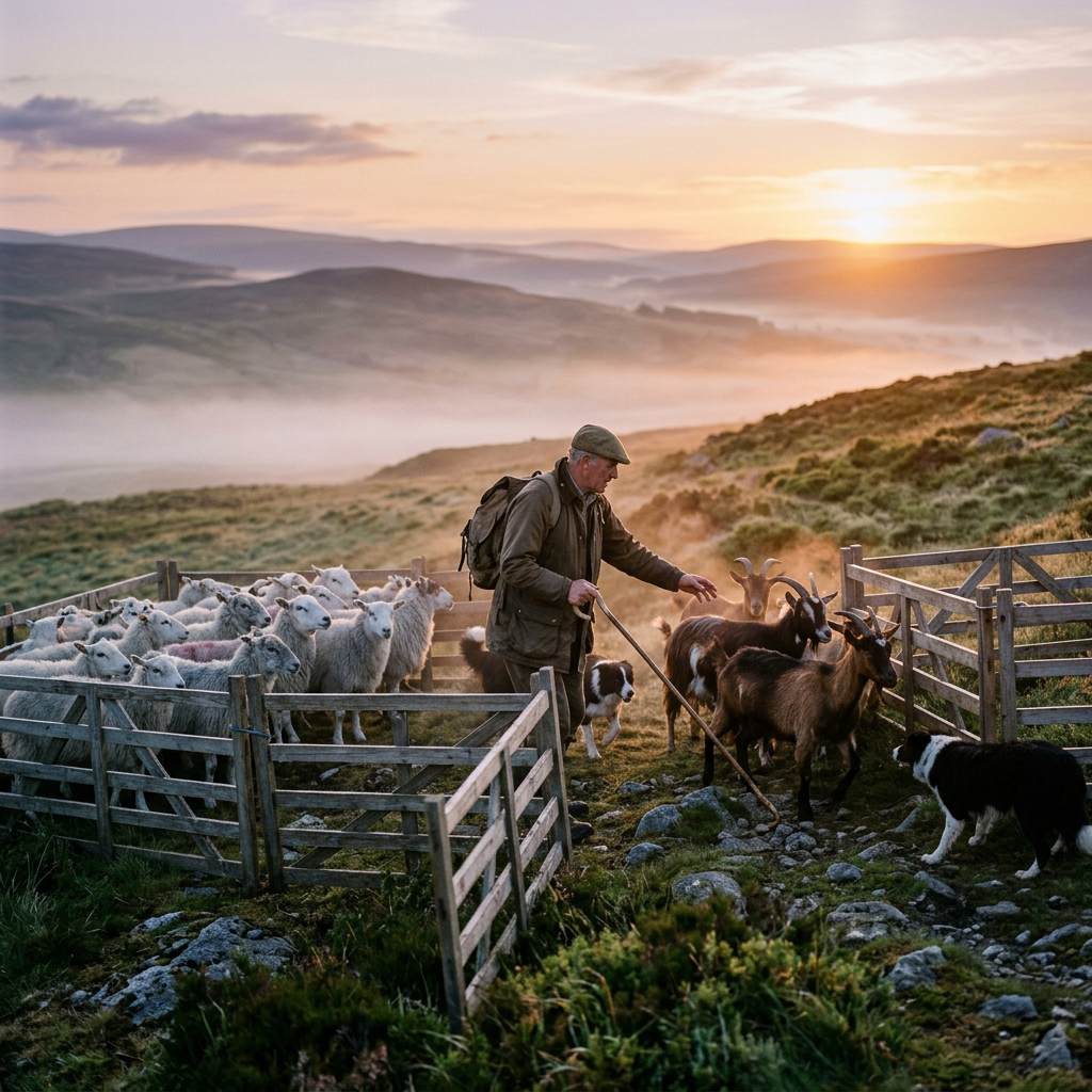 Shepherd guiding sheep and goats with dogs at sunrise in a fenced area