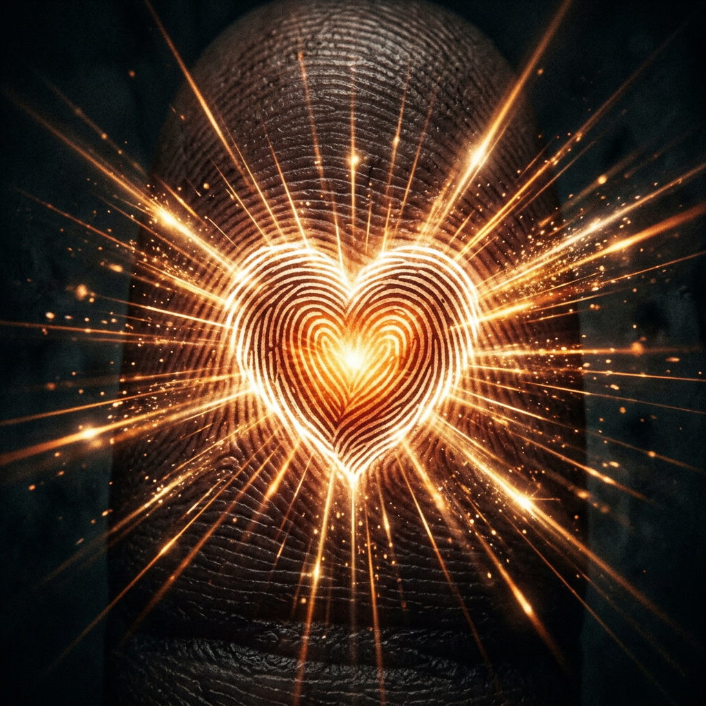 Fingerprint with heart shape glowing and emitting light rays