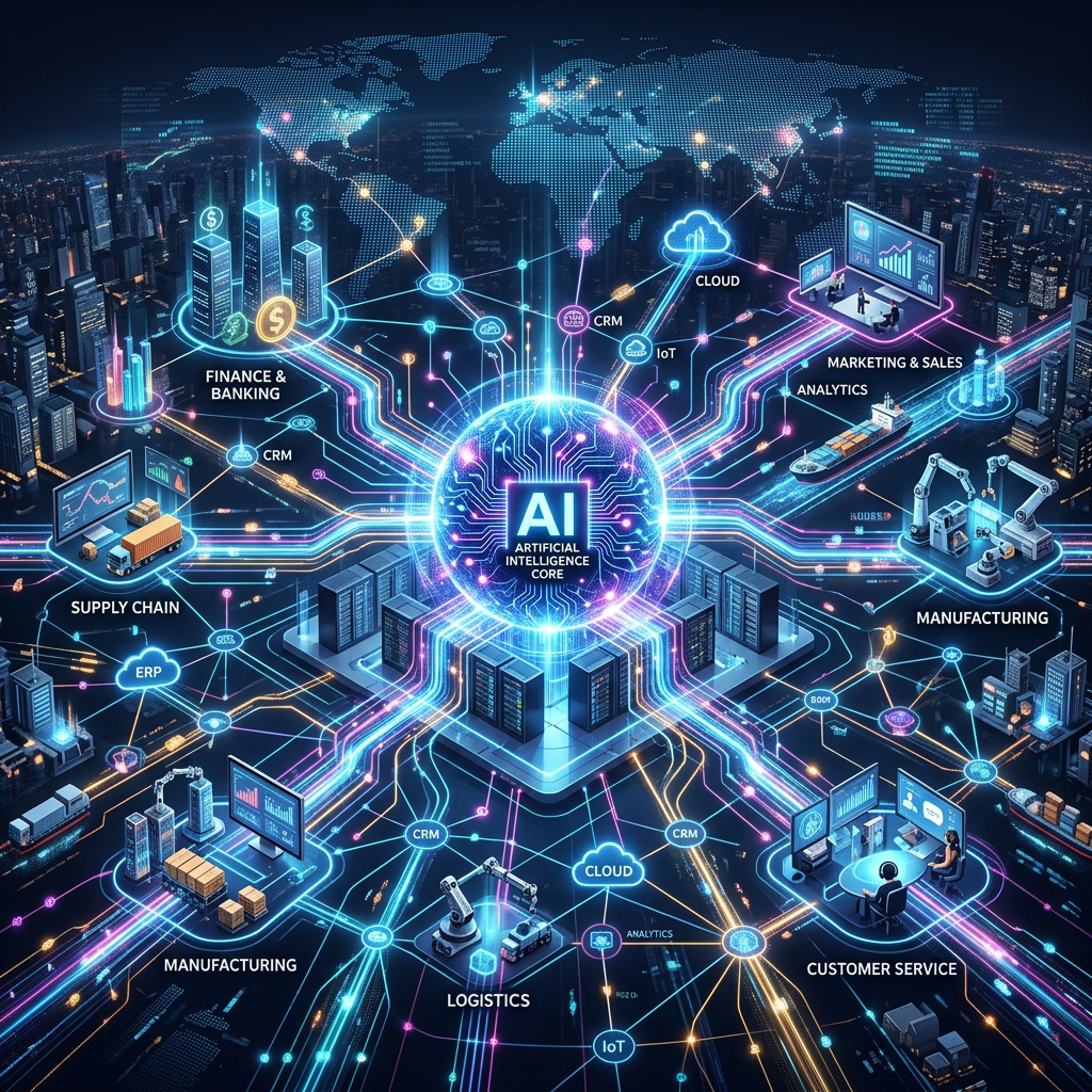 Central AI core linking finance banking supply chain manufacturing logistics marketing sales cloud CRM and analytics
